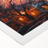Rolled canvas artwork showcasing vibrant landscapes and street design in a modern artistic style, perfect for home decor, featuring bold colors and intricate details.