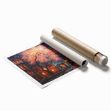 Vibrant rolled print showcasing a modern cityscape design, featuring colorful street scenes and abstract elements, perfect for contemporary home decor.