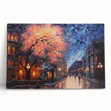 Stretched canvas artwork showcasing a vibrant city street landscape in bold colors, ideal for modern home decor, leaning against a wall for artistic display.