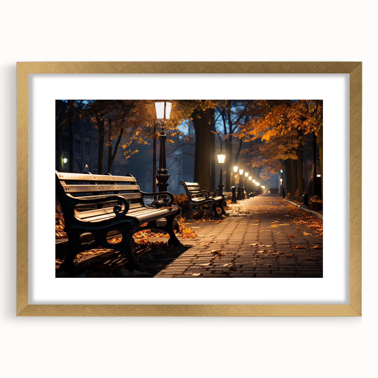 Framed wall art showcasing a vibrant landscape design in a gold frame with a mat, perfect for enhancing home decor and adding a touch of elegance.