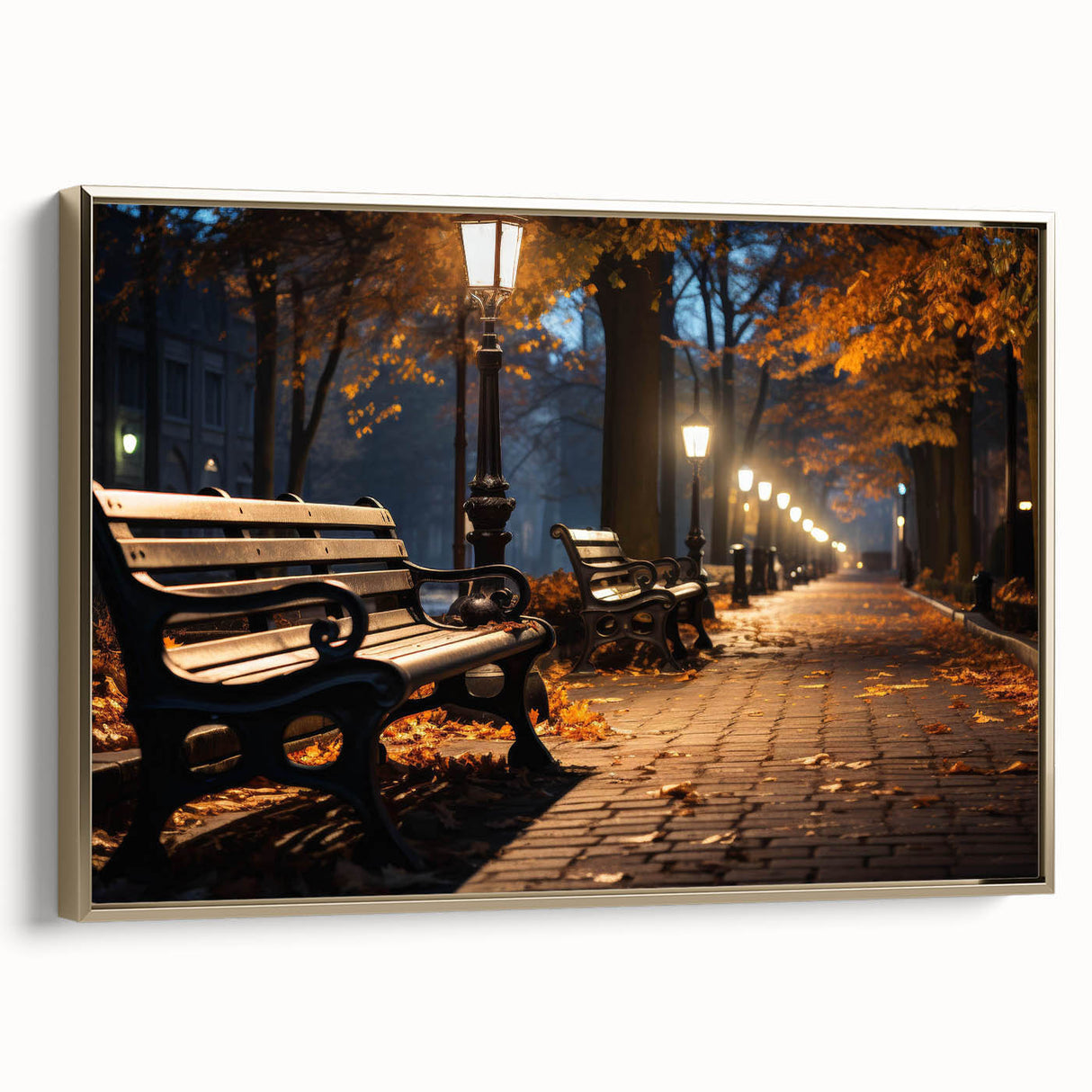 Framed canvas wall art featuring a modern landscape design with gold accents, showcasing a vibrant city street scene that evokes a sense of urban life and creativity.