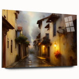 Acrylic glass wall art featuring a vibrant landscape design, showcasing colorful streets and abstract elements, displayed from a side view without pins, perfect for modern decor.