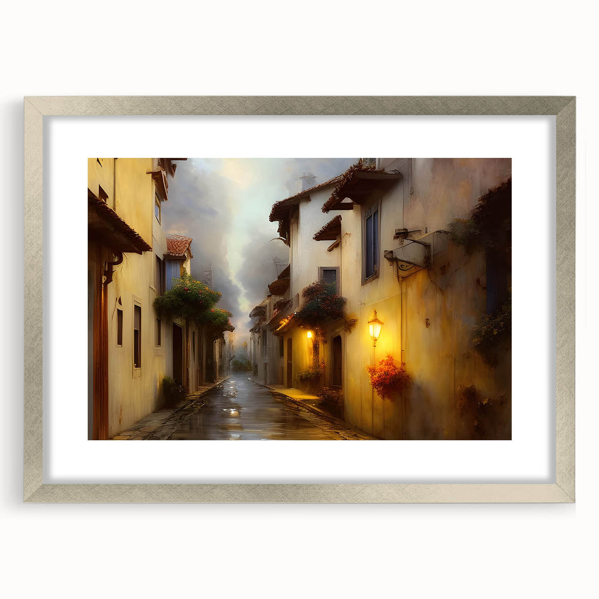 Framed wall art collection showcasing a modern street landscape design in silver, featuring a stylish mat. Ideal for contemporary home decor or office spaces.