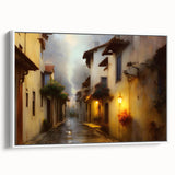 Framed wall art collection showcasing contemporary landscapes and street designs, featuring a white frame and canvas texture, ideal for modern home decor.