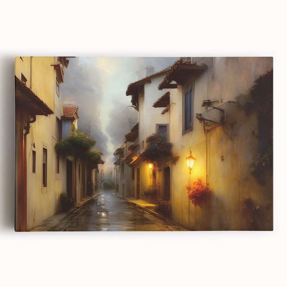 Stretched canvas wall art showcasing a vibrant landscape design with streets and buildings, ideal for modern home decor. The artwork features rich colors and intricate details, making it a perfect statement piece for living rooms or offices.