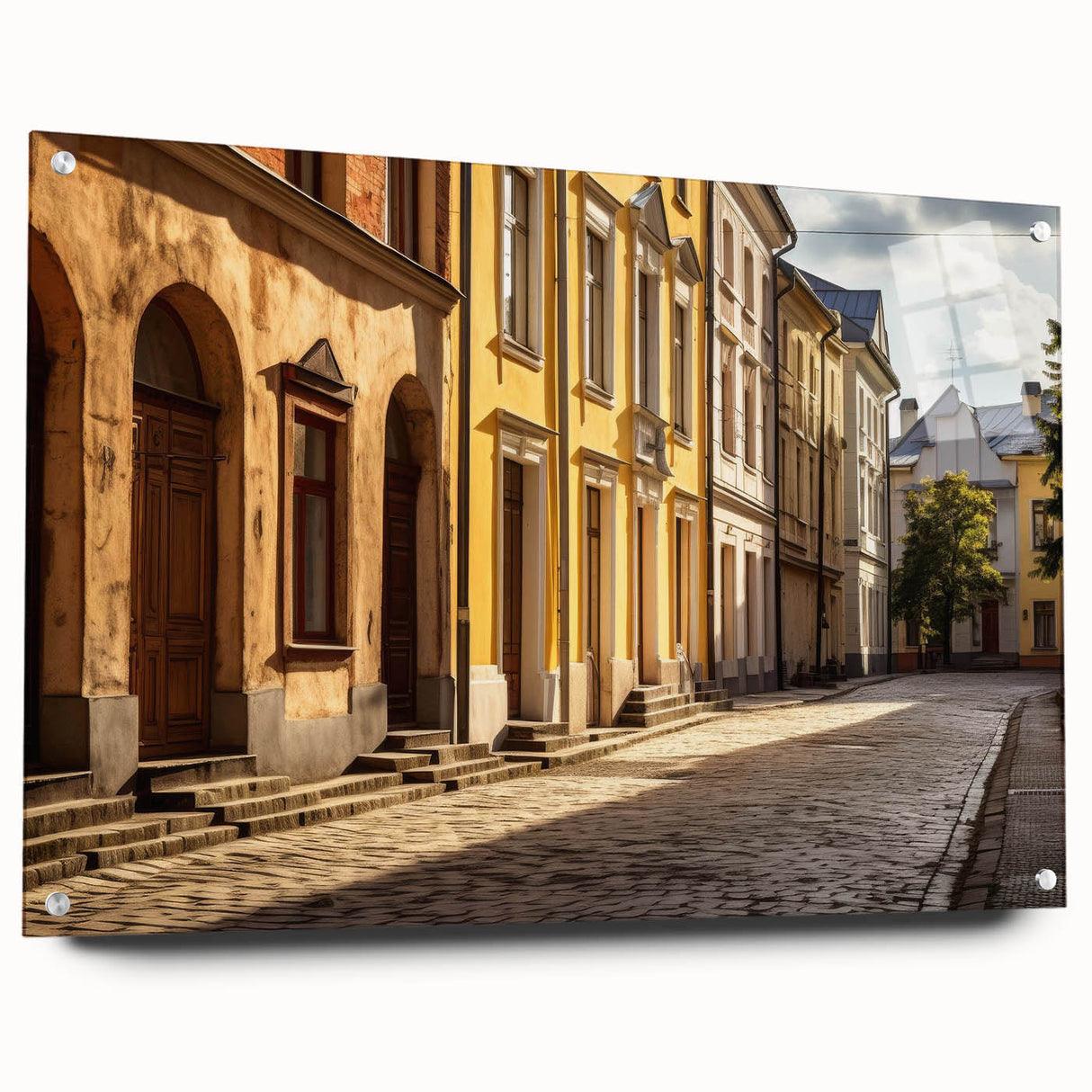 Acrylic glass artwork showcasing a vibrant landscape street design, displayed from a side view with decorative pins, perfect for modern home decor.