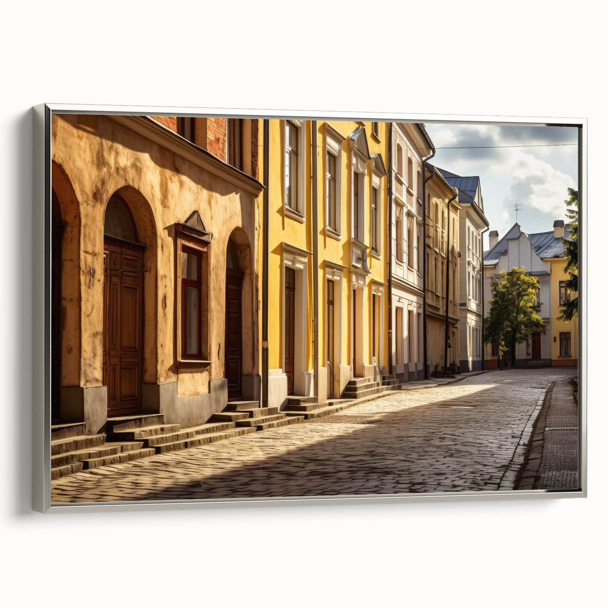 Framed canvas wall art showcasing a modern street landscape design with silver accents, perfect for home decor. Ideal for adding a stylish touch to living spaces.