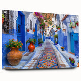Acrylic glass wall art collection showcasing a vibrant street landscape design. The artwork features bold colors and intricate details, displayed side view with pins for mounting, perfect for modern home decor.