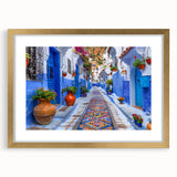 Framed wall art featuring a stunning landscape street design with a gold mat, showcasing vibrant colors and intricate details, perfect for home decor enhancement.