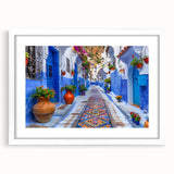 Framed wall art collection showcasing a stunning landscape and street design, featuring a white mat and sleek frame, perfect for enhancing home decor.