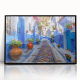 Framed acrylic wall art featuring a modern landscape design with vibrant colors, showcased with a sleek black frame, perfect for contemporary home decor.