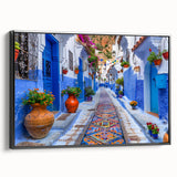 Framed canvas wall art featuring a contemporary landscape design, showcasing vibrant colors and intricate details, displayed from a black side view, ideal for modern home decor.