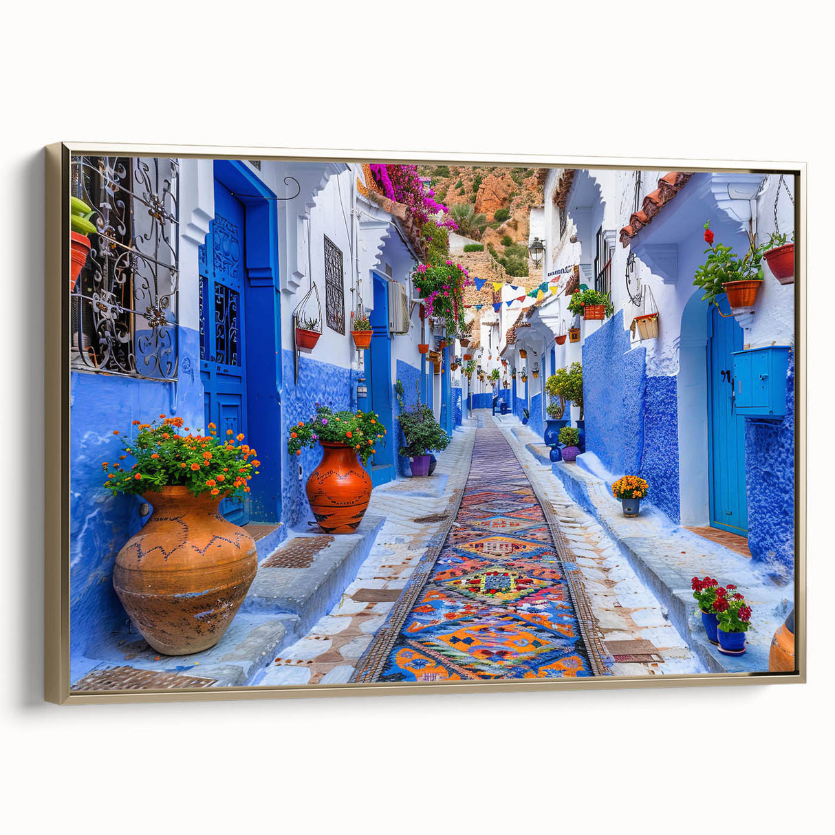 Framed wall art collection showcasing a vibrant city street landscape design, featuring gold accents and a sleek side view, perfect for modern home decor.