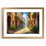 Framed wall art showcasing a vibrant landscape street design with a gold mat, perfect for home decor. Ideal for adding a touch of elegance to any room.
