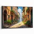 Framed canvas wall art showcasing a modern landscape design with vibrant colors, featuring a black frame that enhances the artwork’s depth and detail. Perfect for home décor.