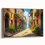 Framed canvas wall art featuring a stunning landscape design with vibrant colors and gold accents, elegantly displayed in a modern setting, perfect for home decor.