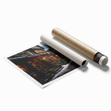 Vibrant rolled print of a modern urban landscape, showcasing intricate street designs in bold colors, ideal for contemporary wall decor, packaged securely.
