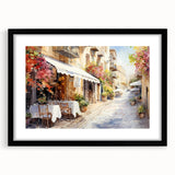 Black-framed wall art showcasing a vibrant landscape street design, elegantly matted for a polished look, perfect for modern home decor.
