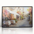 Framed acrylic wall art featuring a modern landscape design with vibrant colors and intricate street scenes, set against a sleek black frame, perfect for contemporary decor.