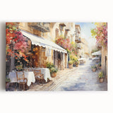 Vibrant stretched canvas wall art featuring a stunning cityscape design with colorful streets and architectural elements, perfect for modern decor.