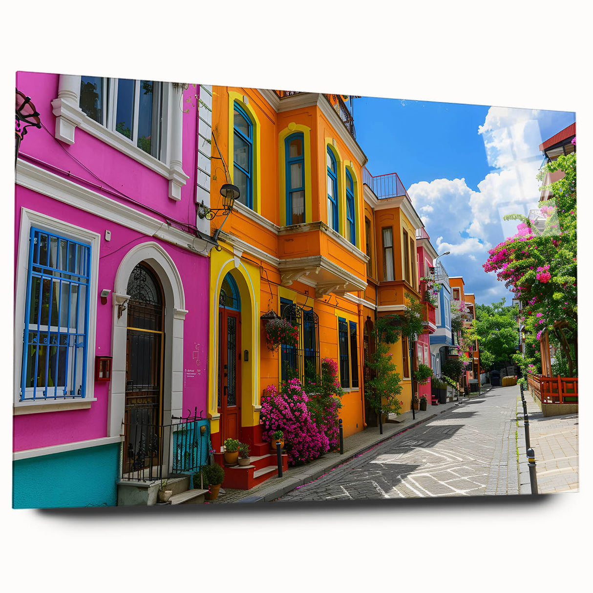 Acrylic glass wall art collection featuring a vibrant street landscape design, showcasing colorful urban scenery with intricate details, perfect for modern decor.