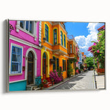 Framed canvas wall art showcasing a stunning landscape design with vibrant colors, accented by a sleek silver frame, ideal for modern home decor.