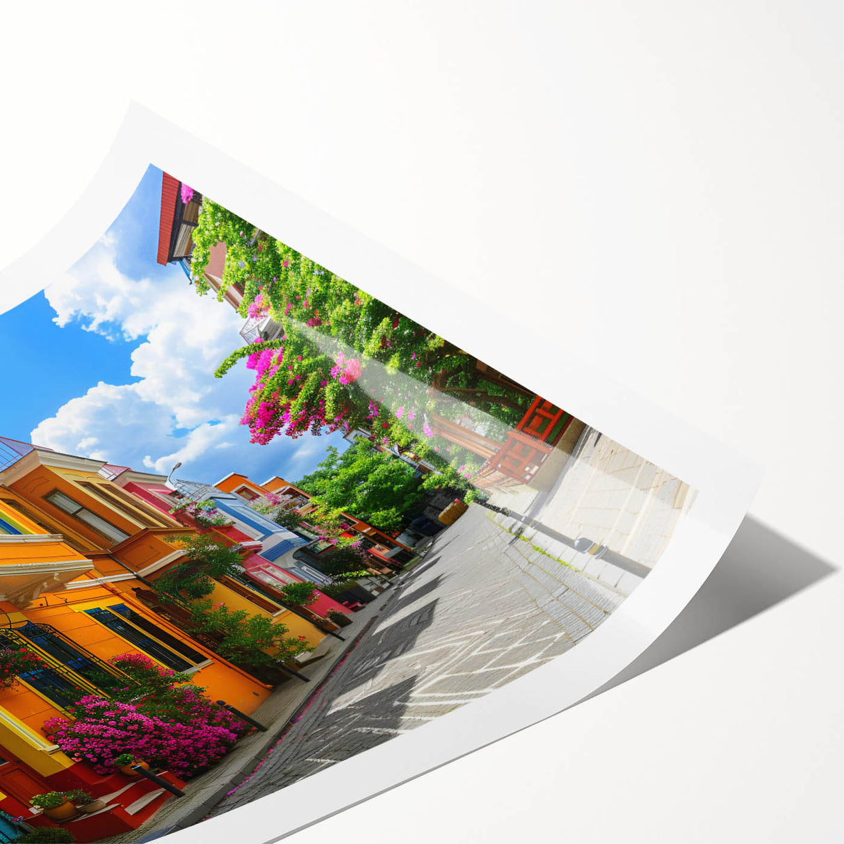 Rolled print showcasing a vibrant street landscape design in vivid colors, perfect for home decor. Packaged securely in a protective tube for easy display.