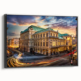 Framed canvas wall art showcasing an urban street landscape design in vibrant colors, featuring a black frame, ideal for modern home decor and artistic expression.
