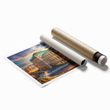 Vibrant abstract landscape wall art print showcasing a colorful street scene with intricate details, rolled and ready for framing or display in modern interiors.