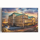 Stretched canvas wall art showcasing a vibrant city street landscape design, featuring colorful buildings and lively atmosphere, perfect for modern home decor.