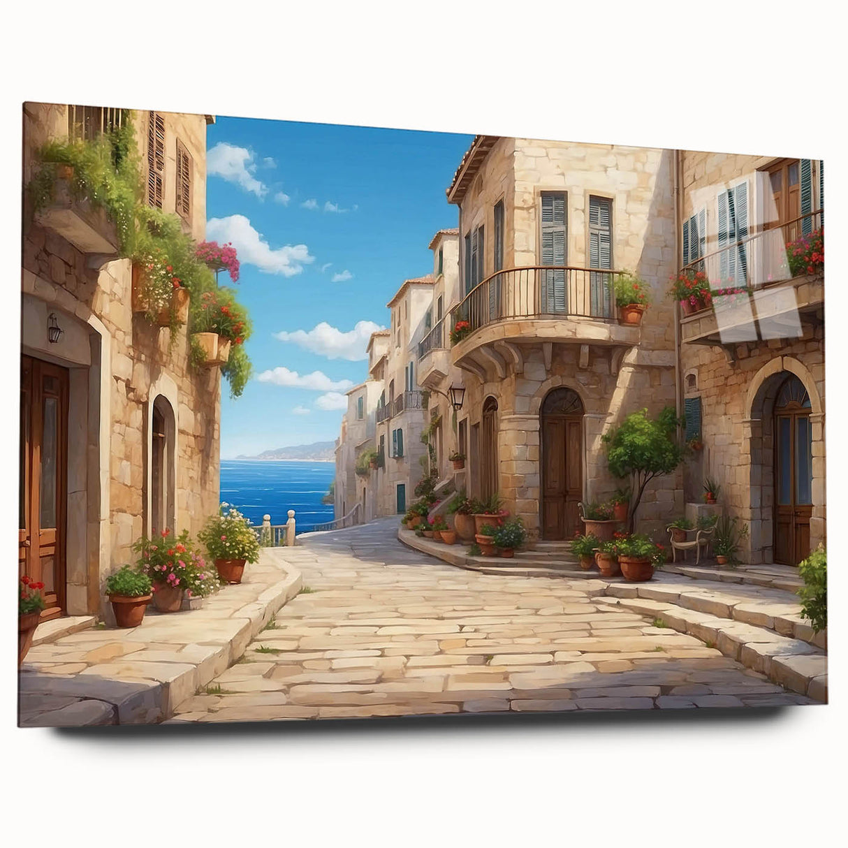 Acrylic glass wall art featuring a vibrant cityscape design with intricate details, showcasing a side view without pins, ideal for modern home decor.