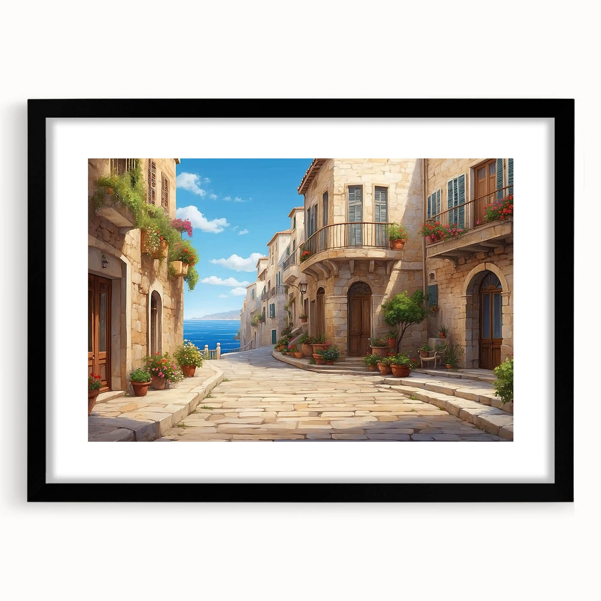 Framed wall art featuring a modern landscape design in soft earth tones, showcasing a serene street scene with a black mat and sleek black frame. Ideal for contemporary home decor.