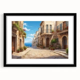 Framed wall art featuring a modern landscape design in soft earth tones, showcasing a serene street scene with a black mat and sleek black frame. Ideal for contemporary home decor.