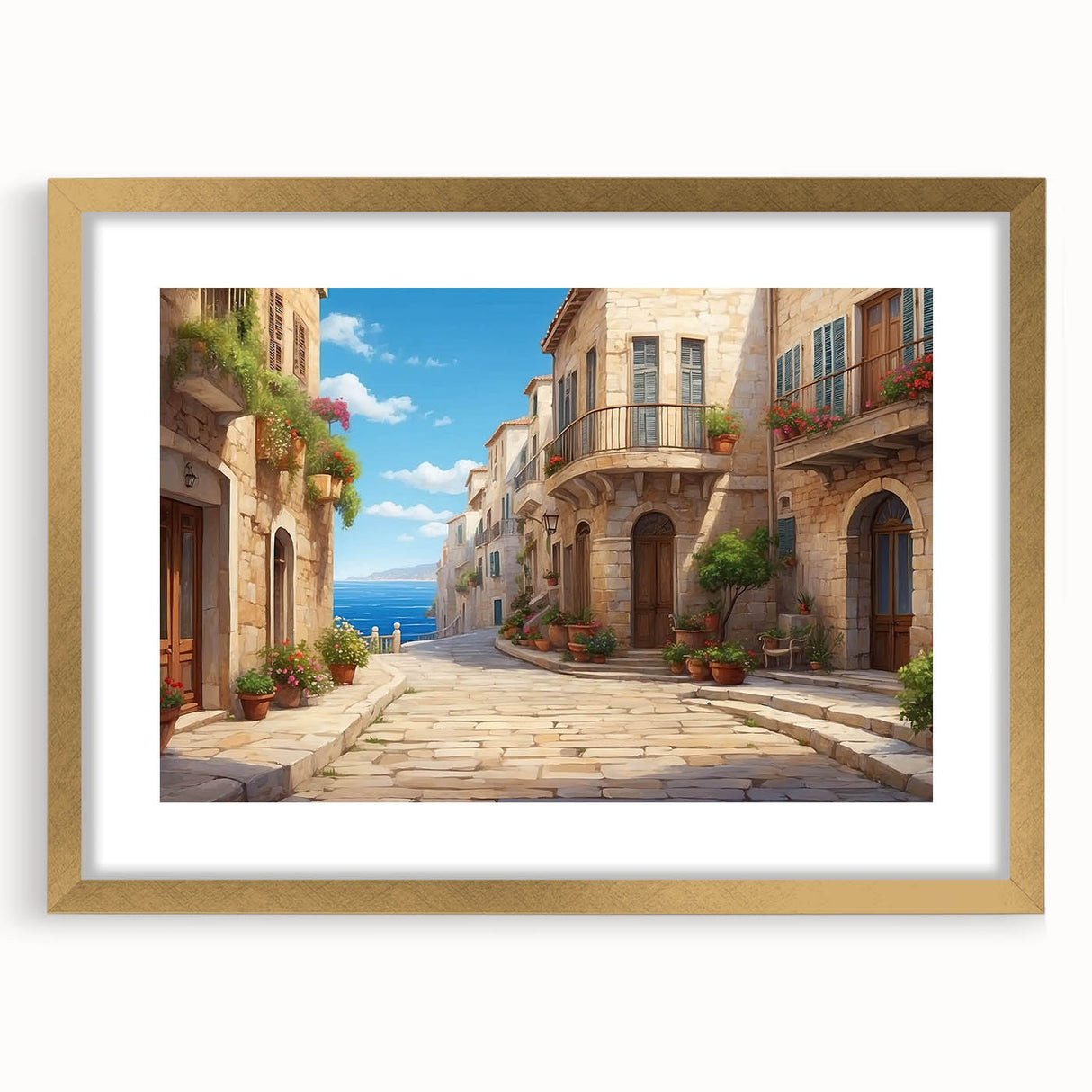 Gold-framed wall art featuring a vibrant cityscape landscape design, showcasing intricate details and colors, ideal for modern home decor. Perfect for adding elegance to any room.