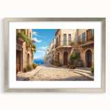 Framed wall art featuring a stunning landscape design with intricate street scenes, presented in a sleek silver frame with a white mat, ideal for enhancing modern decor.
