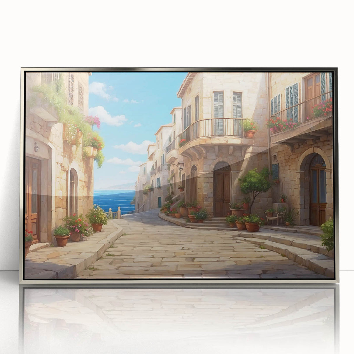 Framed wall art collection featuring a modern landscape design in vibrant colors, displayed with a sleek silver frame, perfect for home decoration or office ambiance.