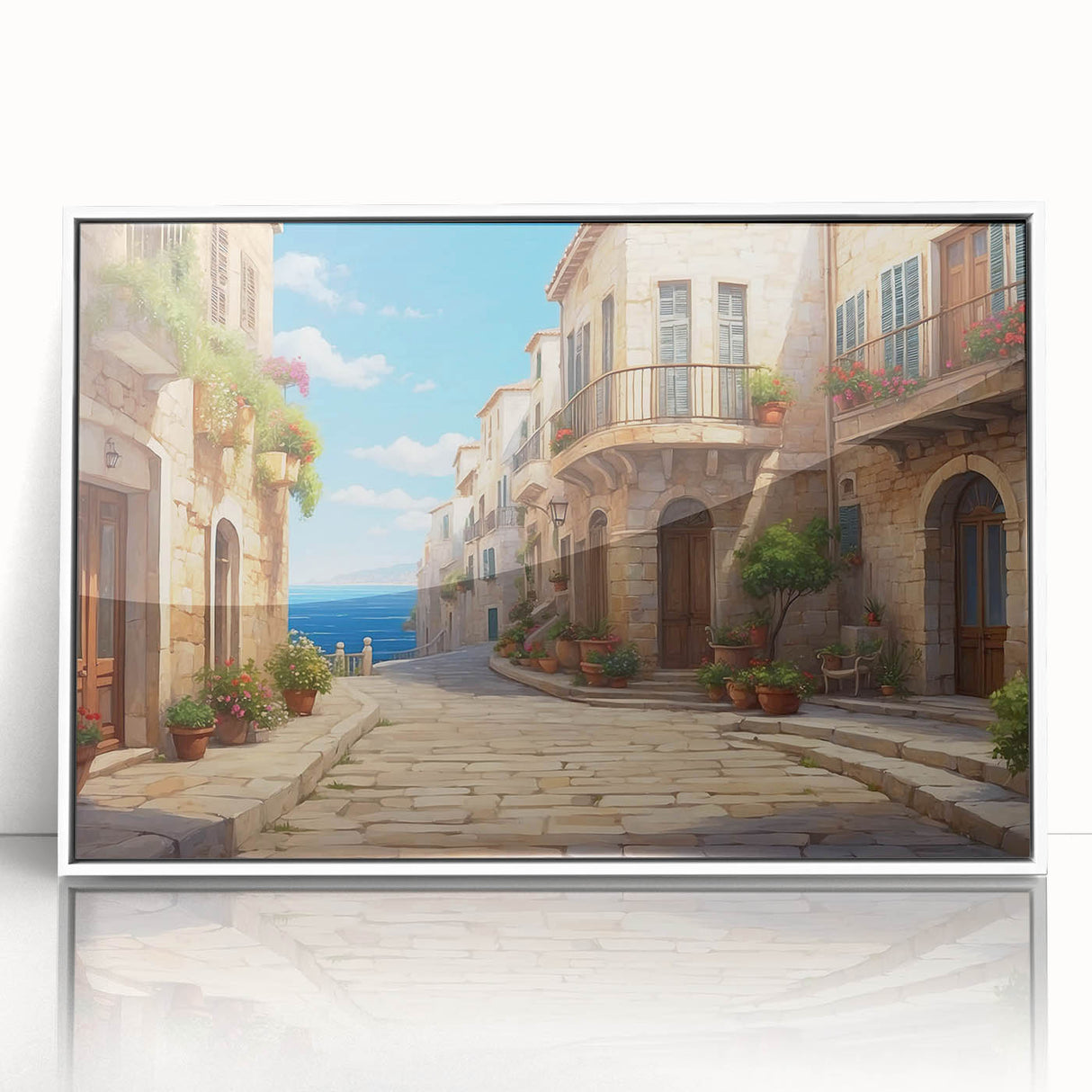 Framed acrylic wall art showcasing a vibrant design of landscapes and streets, featuring a sleek white frame and crystal-clear finish, perfect for modern decor.