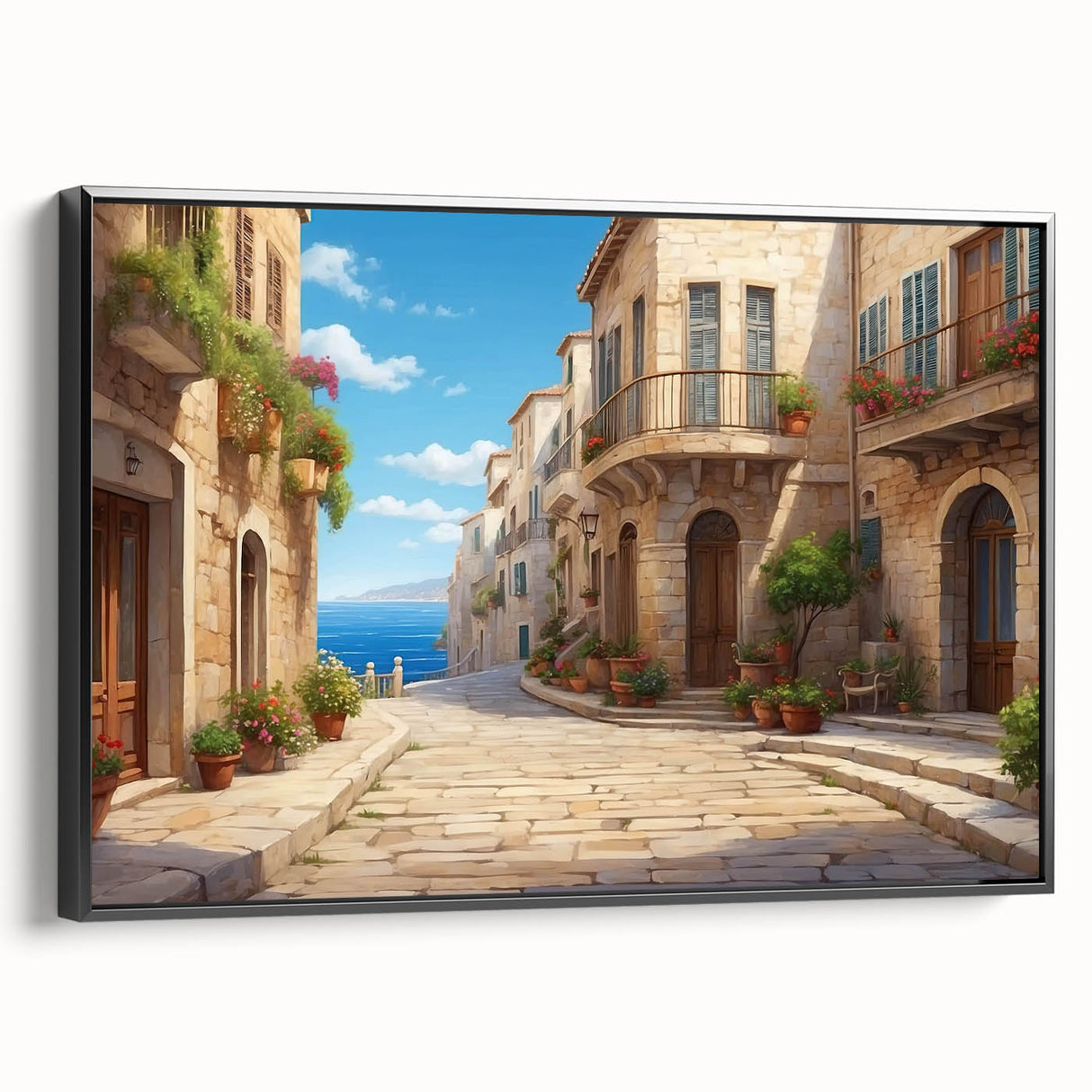 Framed canvas wall art showcasing a scenic landscape design with vibrant colors, featuring a black frame. Perfect for home décor or office spaces.