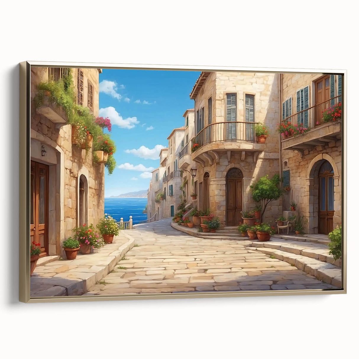 Framed wall art featuring a modern landscape design with vibrant colors and gold accents, elegantly displayed from the side against a neutral background. Perfect for enhancing home decor.