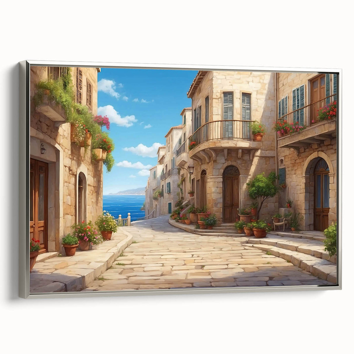 Framed canvas wall art depicting a serene landscape scene with vibrant colors, silver frame accents, showcasing nature's beauty for home decor enhancement.