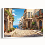Framed canvas wall art showcasing a vibrant street landscape design, featuring various colors and intricate details, presented from a side view against a white backdrop. Perfect for contemporary home decor enthusiasts looking to enhance their living space.