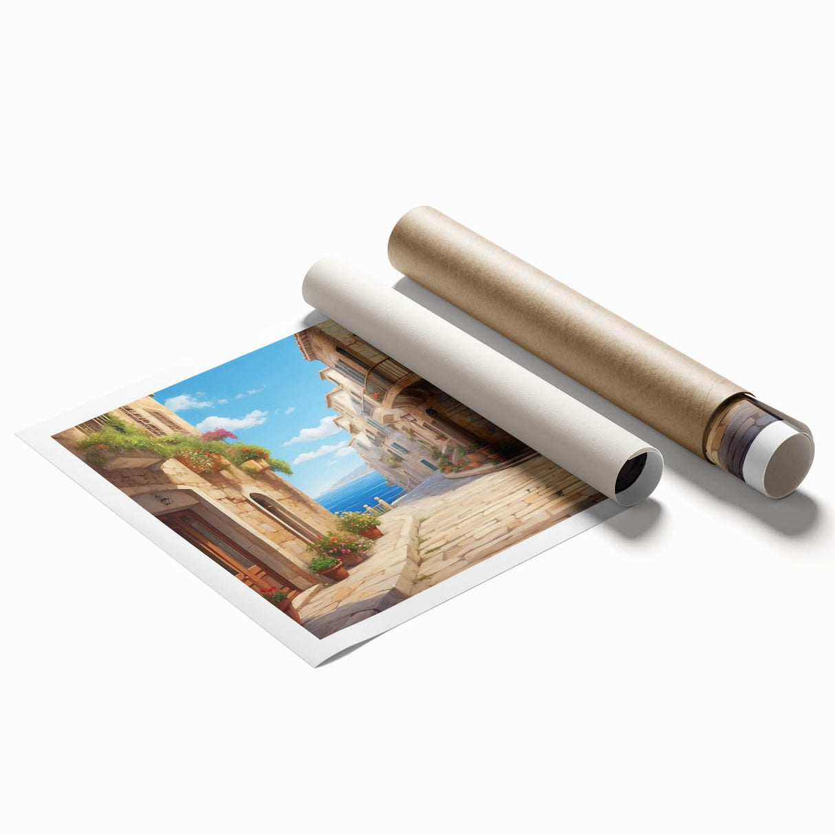 Rolled print of modern landscape street art design showcasing vibrant colors and intricate details, ideal for home decor and art enthusiasts, packaged securely.