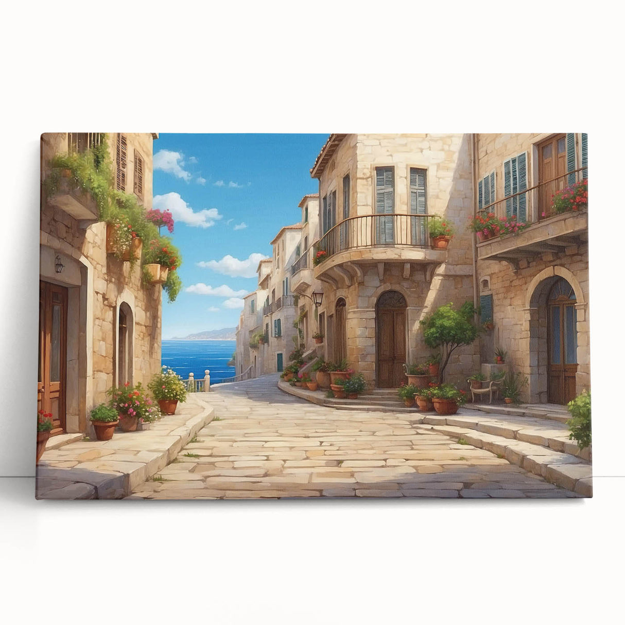 Stretched canvas artwork showcasing a vibrant urban landscape design, featuring colorful buildings and trees, perfect for modern home decor. Ideal for enhancing living spaces with artistic flair.