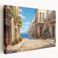 Stretched canvas wall art showcasing a vibrant landscape street design, featuring bold colors and intricate details, ideal for modern home decor.