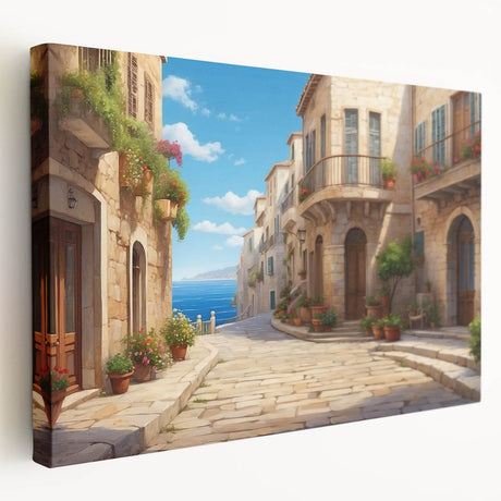 Stretched canvas wall art showcasing a vibrant landscape street design, featuring bold colors and intricate details, ideal for modern home decor.