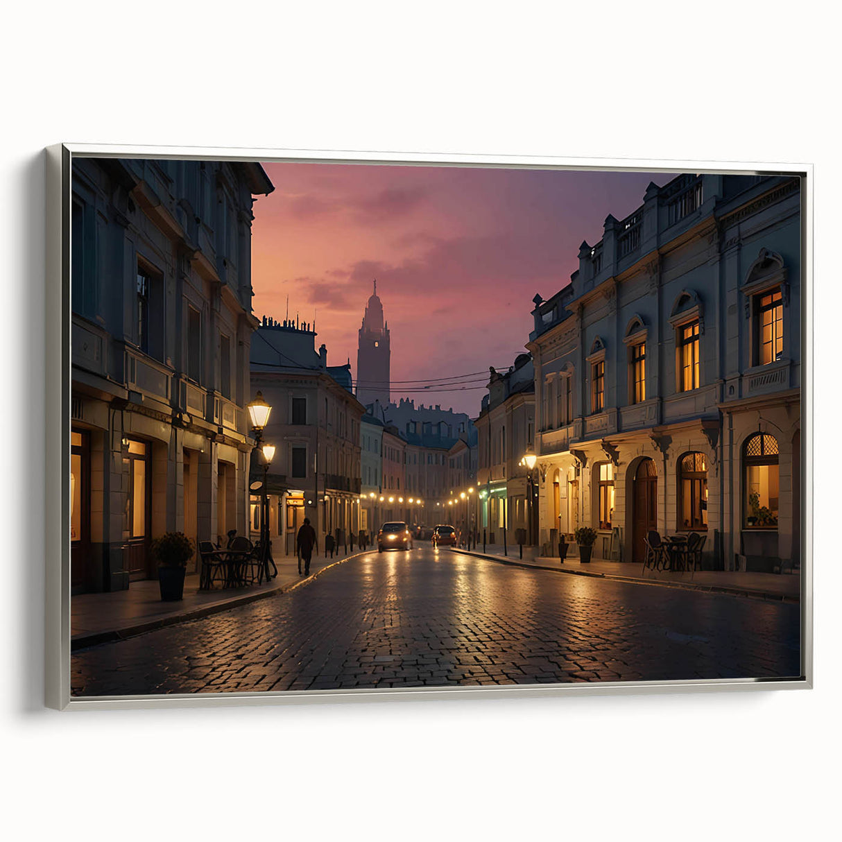 Framed canvas wall art featuring a contemporary landscape design with silver accents, showcasing vibrant colors and intricate details, perfect for modern home decor.