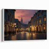 Framed canvas wall art depicting a vibrant cityscape with colorful buildings and streets, showcasing modern urban design in a chic white frame, ideal for home decor.