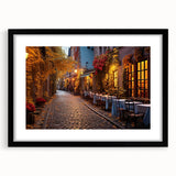Framed wall art featuring a stunning landscape design with vibrant colors and intricate details, displayed in a sleek black frame with a mat. Perfect for modern home decor.