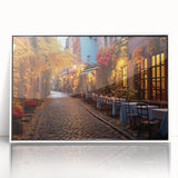 Framed acrylic wall art featuring a vibrant landscape design with a modern street scene, set against a sleek white background, perfect for contemporary home decor.