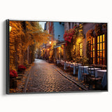 Framed canvas wall art showcasing a vibrant city landscape with colorful buildings, featuring a sleek black frame that enhances its modern design. Ideal for contemporary home decor.